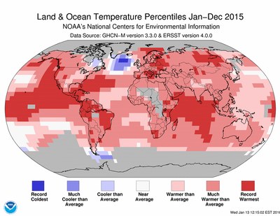 Land and Ocean temperature percentiles Jan-Dec2015